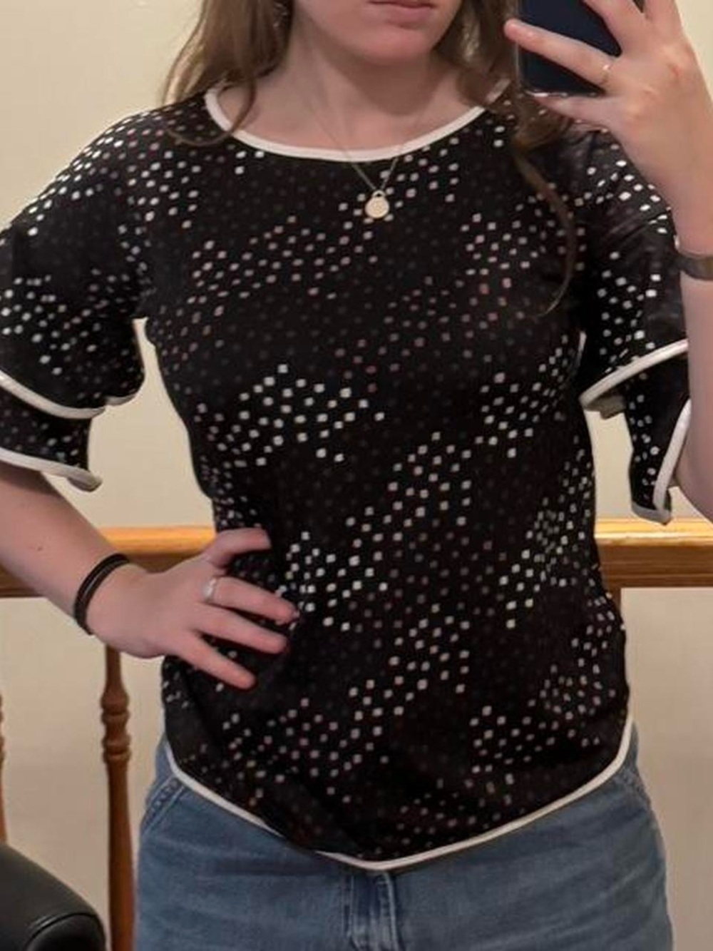 vintage top with pink and white dots and bell sleeves